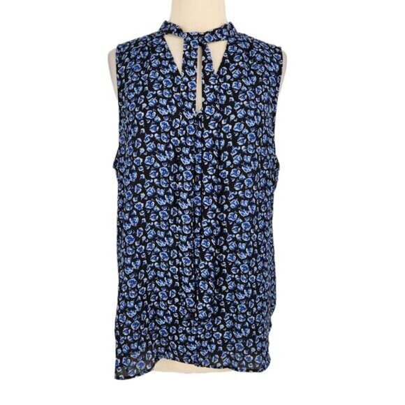 Elle Tops - ELLE Blue & Black Floral Blouse with Keyhole & Bow Front  Size XL